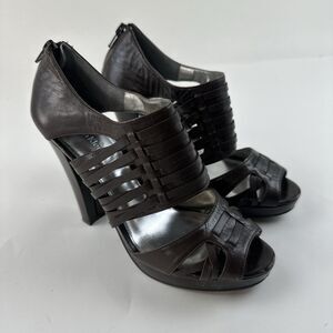 Calvin Klein Brown Leather Gladiator Sandals 7.5M Cage Strappy Back Zip Stiletto